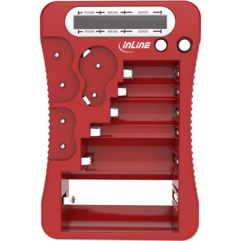 InLine® Batterietester mit LCD-Anzeige, für Rund/Knopfzellen sowie 9V-Block, rot