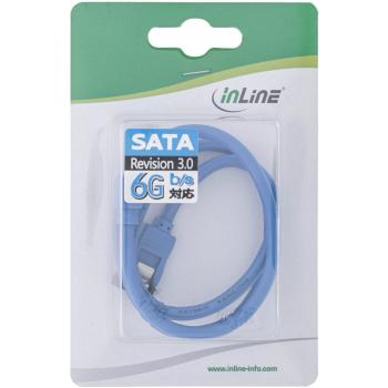 Preview: InLine® SATA 6Gb/s Anschlusskabel rund, abgewinkelt, blau, mit Lasche, 0,15m