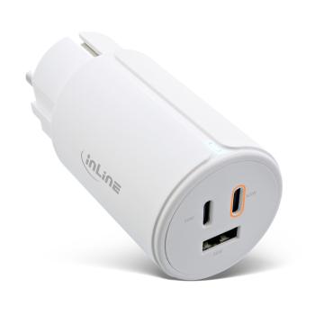 InLine® USB PD Netzteil, GaN Ladegerät, 3-Port, Dual USB-C + USB-A, 65W, weiß