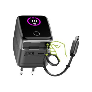 Preview: InLine® USB Netzteil, 70W, GaN, USB-C PD + USB-A QC, Kabel 60cm, schwarz