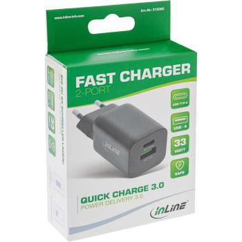 Preview: InLine® Power Delivery + Quick Charge USB Netzteil, 33W, USB-A + USB-C, schwarz