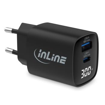 InLine® USB PD Netzteil, GaN Ladegerät, 2-Port, USB-C + USB-A, 30W, mit Display