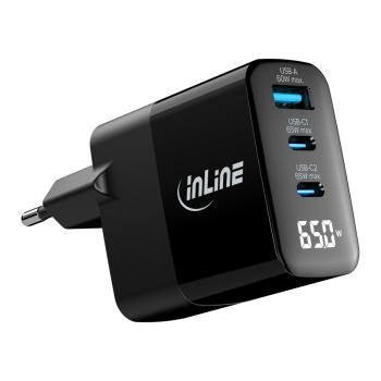 Preview: InLine® USB PD Netzteil, GaN Ladegerät, 3-Port, USB-C + USB-A, 65W, mit Display