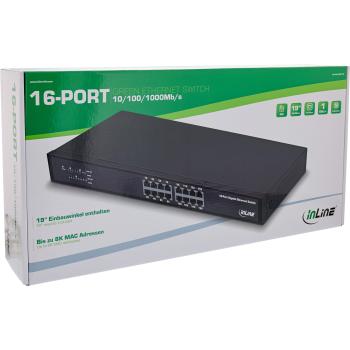 InLine® Gigabit Netzwerk Switch 16-Port, 1Gb/s, 19" 1HE, Metall, lüfterlos