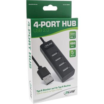 Preview: InLine® USB 2.0 Hub, 4 Port, schwarz, mit USB DC Kabel, Kabel 30cm, schmal