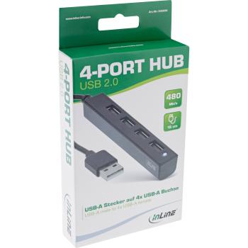 Preview: InLine® USB 2.0 4-Port Hub, USB-A Stecker auf 4x USB-A Buchse, Kabel 15cm