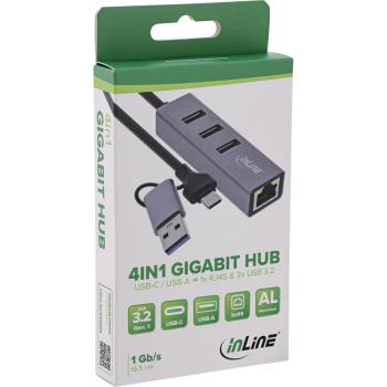 Preview: InLine® 4in1 Gigabit Hub, USB-C & USB-A, 1x RJ45, 3x USB 3.2 Gen.1