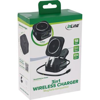 InLine® 3in1 Wireless Charger, 15W Qi MagSafe kompatibel, 0,8m Kabel