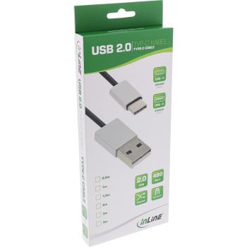 InLine® USB 2.0 Kabel, USB-C Stecker an A Stecker, schwarz/Alu, flexibel