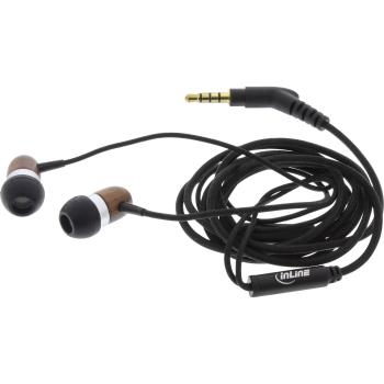 Preview: InLine® woodin-ear, In-Ear Headset mit Kabelmikrofon und Funktionstaste, Walnuss