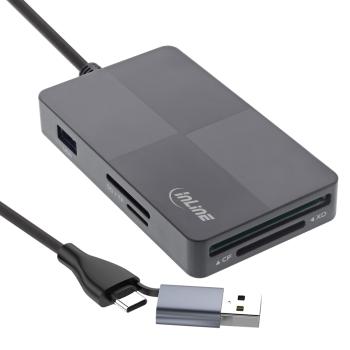InLine® USB 3.2 Multi Cardreader Hub, SD/TF/MS/XD/CF, 3-Port USB-A, Dual