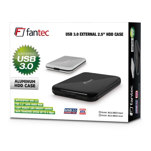 FANTEC ALU-25U3, externes 2.5"-SATA-Gehäuse, USB 3.2, Aluminium, silber