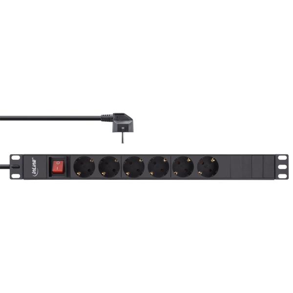 InLine® 19" Steckdosenleiste, 6-fach Schutzkontakt, mit Schalter, 2m, schwarz