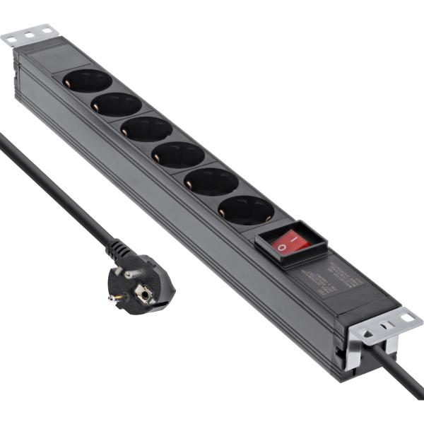 InLine® 19" Steckdosenleiste, 6-fach Schutzkontakt, mit Schalter, 2m, schwarz