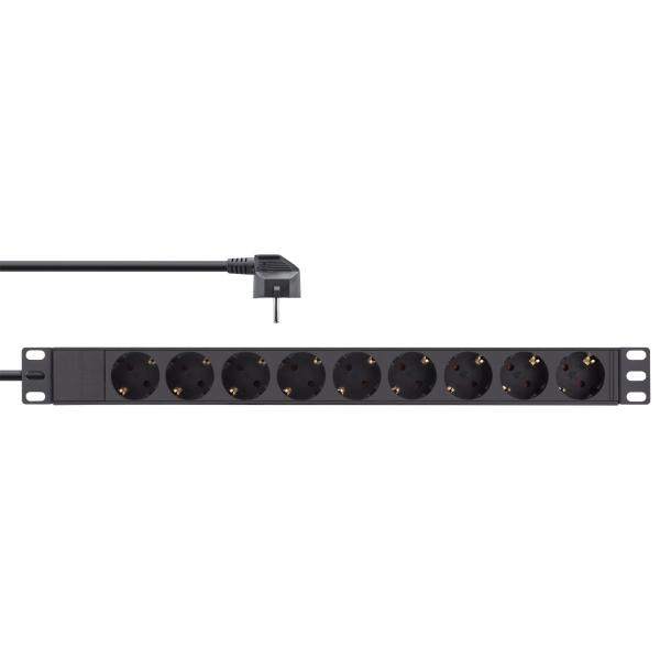 InLine® 19" Steckdosenleiste, 9-fach Schutzkontakt, ohne Schalter, 2m, schwarz