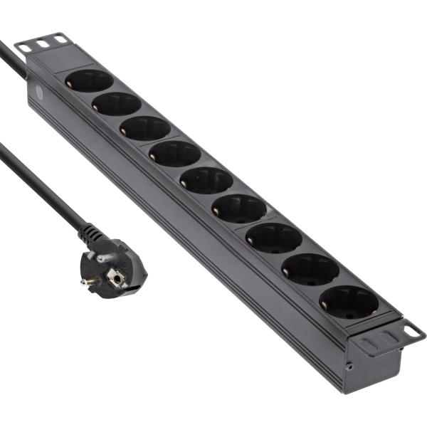 InLine® 19" Steckdosenleiste, 9-fach Schutzkontakt, ohne Schalter, 2m, schwarz