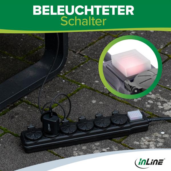 InLine® Outdoor-Steckdosenleiste, 6-fach Schutzkontakt, IP44, mit Schalter, 5m