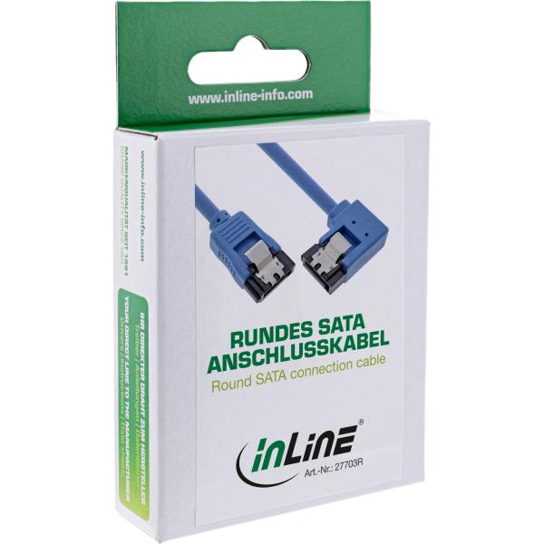 InLine® SATA 6Gb/s Anschlusskabel rund, abgew. rechts, blau, mit Lasche, 0,3m