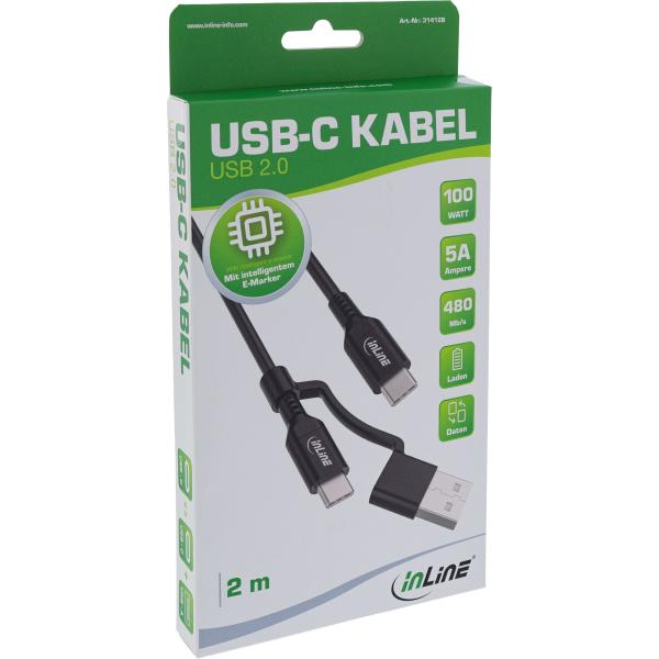 InLine® 2-in-1 USB-C Kabel + USB-A Adapter, USB 2.0, 100W, TPE, schwarz
