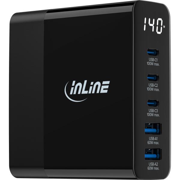 InLine® USB PD Netzteil, GaN Ladegerät, 5-Port, USB-C + USB-A, 140W, mit Display