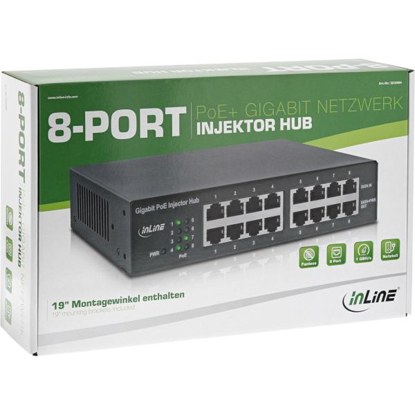 InLine® PoE+ Gigabit Netzwerk Injektor Hub 8 Port (8x PoE+), 1Gb/s, 19" 1HE