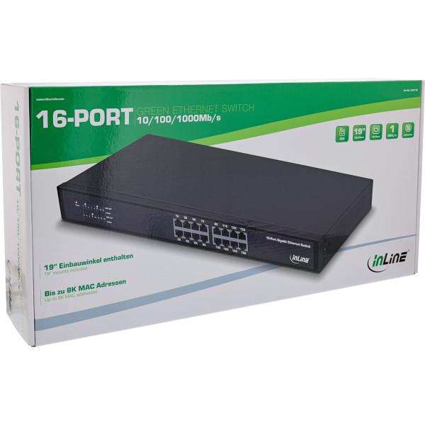 InLine® Gigabit Netzwerk Switch 16-Port, 1Gb/s, 19" 1HE, Metall, lüfterlos