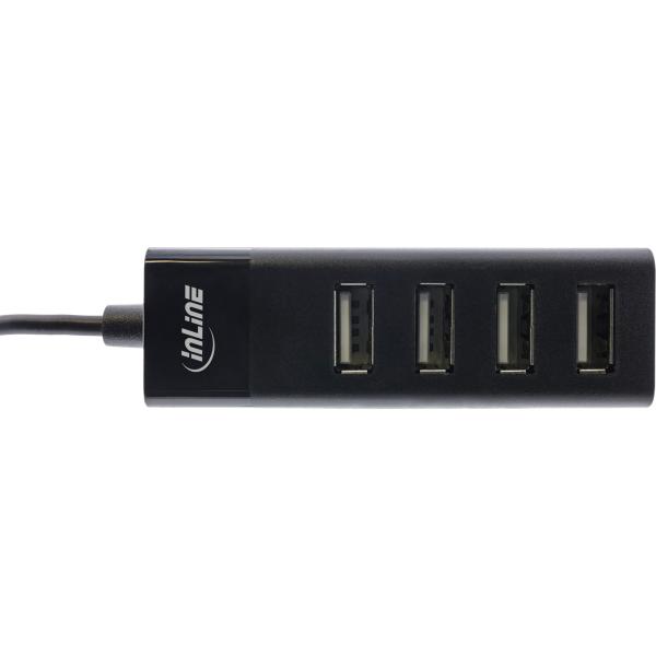 InLine® USB 2.0 Hub, 4 Port, schwarz, mit USB DC Kabel, Kabel 30cm, schmal