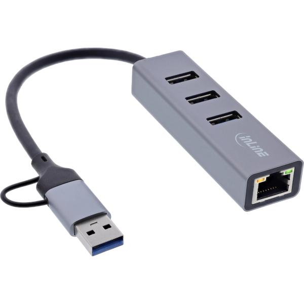 InLine® 4in1 Gigabit Hub, USB-C & USB-A, 1x RJ45, 3x USB 3.2 Gen.1