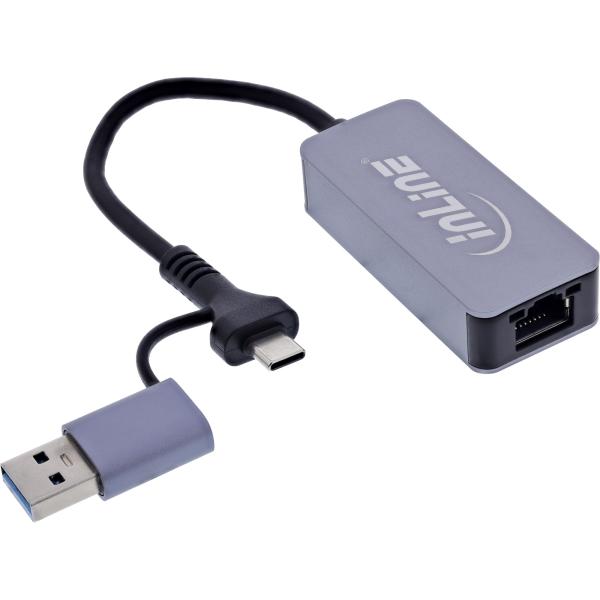 InLine® USB 3.2 zu 5 Gb/s Netzwerk-Adapter, USB-C+USB-A Adapter zu RJ45