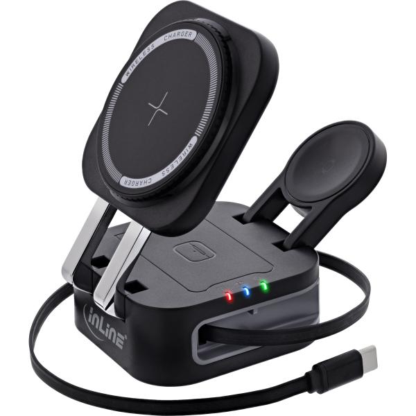 InLine® 3in1 Wireless Charger, 15W Qi MagSafe kompatibel, 0,8m Kabel