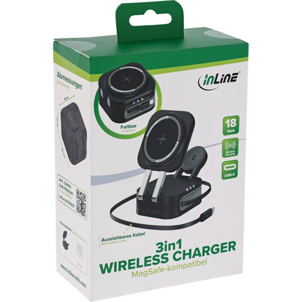 InLine® 3in1 Wireless Charger, 15W Qi MagSafe kompatibel, 0,8m Kabel