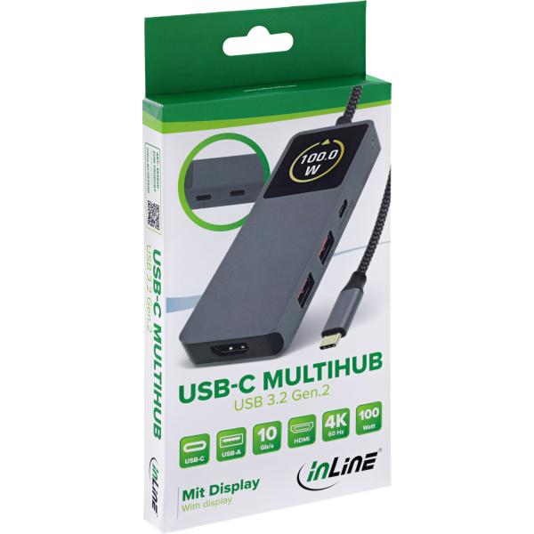 InLine® USB 3.2 Gen.2 Hub, 3x USB-C, 2x USB-A, HDMI 4K, PD 100 W, Display, grau
