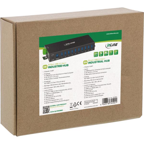 InLine® USB 3.2 Gen.1 Industrie-Hub, 10 Port, Aluminiumgehäuse, mit Netzteil