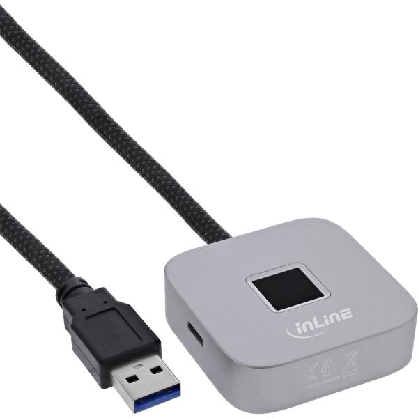 InLine® USB Fingerabdruckscanner mit Hub, Windows Hello kompatibel 1,5m silber