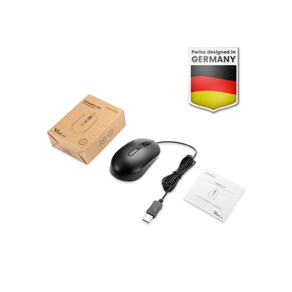 Perixx PERIMICE-222UB, Maus, optisch, 4 Tasten, Silent, USB-A, schwarz