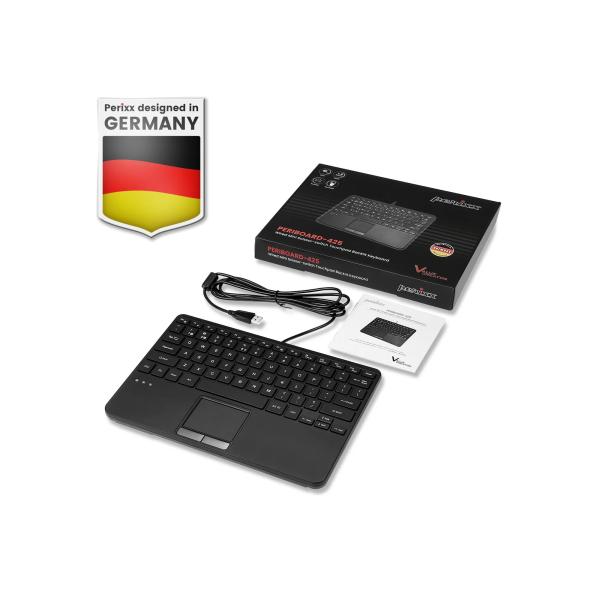 Perixx PERIBOARD-425, DE, Mini USB-Tastatur, Touchpad, 2x Hub, schwarz