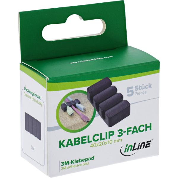 5er Pack InLine® Kabelclip, 3-fach, selbstklebend, schwarz