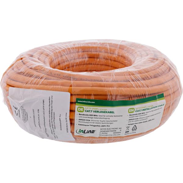 InLine® Verlegekabel Cat.7 S/FTP, CCA, 600MHz, PoE+, halogenfrei, orange, 50m