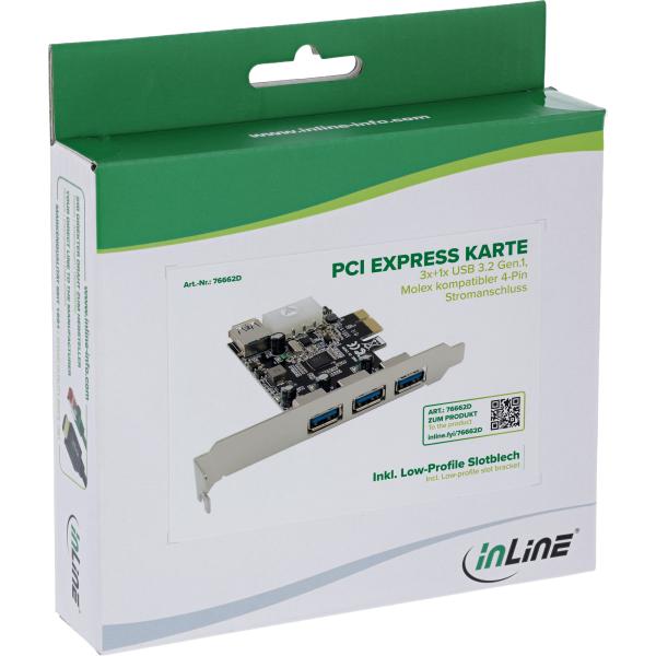 InLine® PCIe Karte, 3x+1x USB 3.2 Gen.1, Molex kompatibler 4-Pin Stromanschluss
